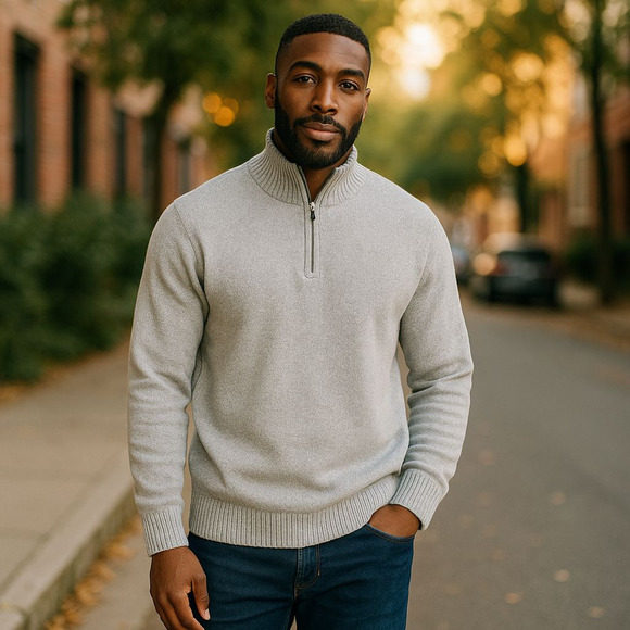 LL Bean Mens Size L Tall Sleeve Gray 1/4 Zip Pullover Sweater Ribbed Knit Trim - Picture 1 of 9